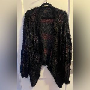 Women’s Rock & Republic Fuzzy Black and Red Cardigan Sweater XL